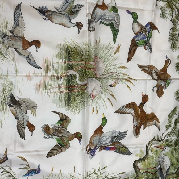 Hermes Paris Silk Scarf Halte en Camargue Mallard Pine Branch Square Red Birds - Picture 2 of 6